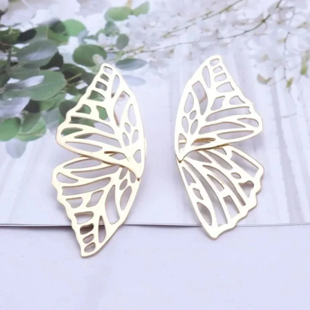 Large Big Gold Butterfly Wings Statement Stud Earrings Gold Statement Earrings - Picture 5 of 7
